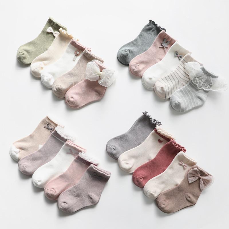 

5Pairs/Pack Kids Girls Socks Bow Lace Children's Socks Casual Cotton Baby Girls Princess Style Autumn Winter Accessories, Style 2