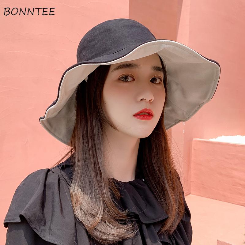 

Wide Brim Hats Bucket Women All-match Japan Korean Summer Sun-proof Double-sided Ladies Harajuku Vintage Holiday Femme Caps, A-blue