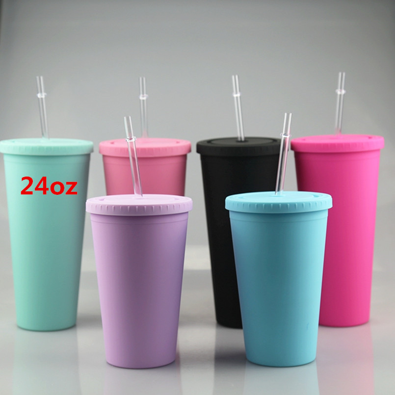 

24oz Colored Acrylic Cups plastic tumbler with Lids colorful Straws Double Wall Matte Plastic tumbler Reusable Cup best gifs, Customize