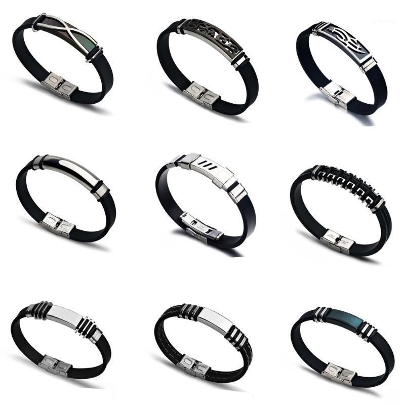 

Charm Bracelets 2021 Jewelry Vintage Black Silicone Cuff Wristband Bracelet Men Simple Stainless Steel Smooth Glossy For Women1