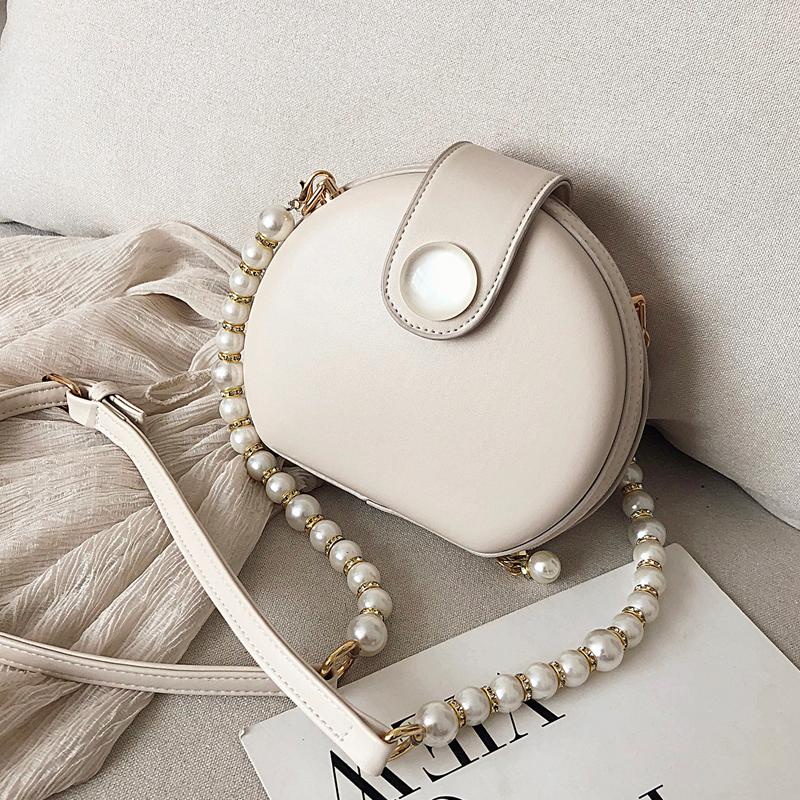 

Elegant Female Round Bag 2021 Summer New Quality PU Leather Women's Designer Handbag Pearl Chain Shoulder Messenger Bag Purses, Black