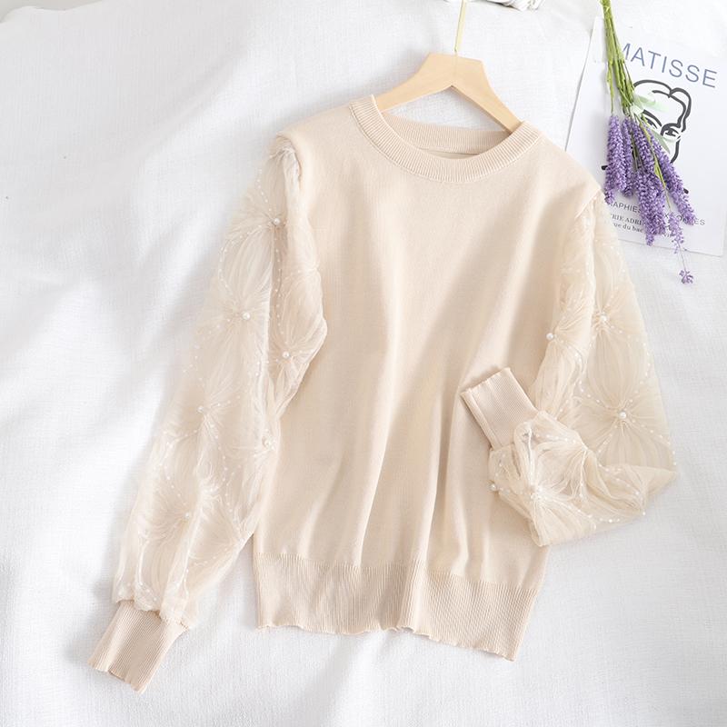 

HISUMA Winter Flare Sleeve Patchwork Pearl Bead Mesh Gauze Knitted Basic Shirt Lady Elastic Slim Pullover Ruffles Blouse Tops, Women blouse shirt