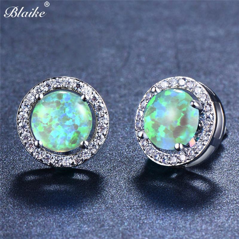 

Stud Blaike 8MM Round White/Blue/Green Fire Opal Four Claw Earrings For Women Men White Gold Filled Color Birthstone