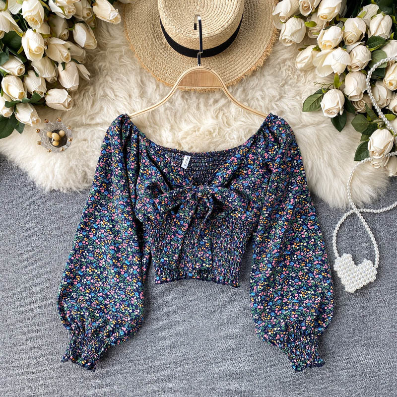 

2021 New singiny female floral blouse Sweet bow neck puff elastic ruched Autumn boho printing streetwear short tops KTDA, Brown