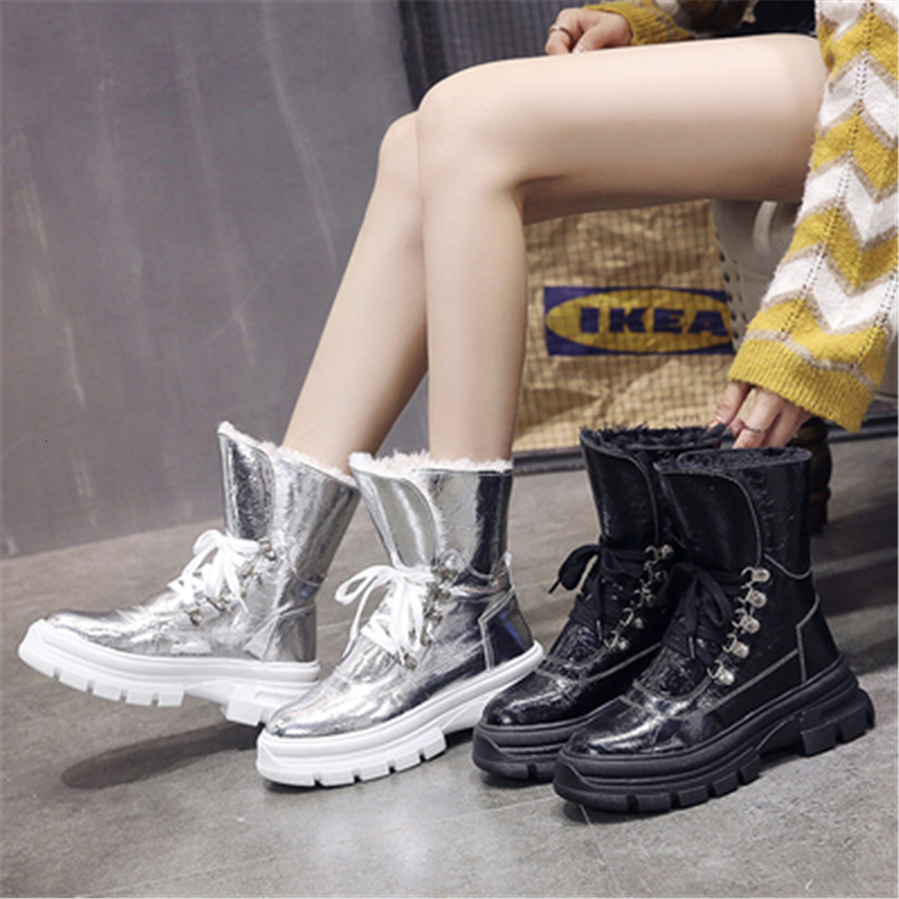 

Mid-calf 2021 New Winter Shoes Snowshoes Waterproof with Keeping Warm Teddy Sequins on Cloth Black Silver Women's Boots 5A4N, Gun colors