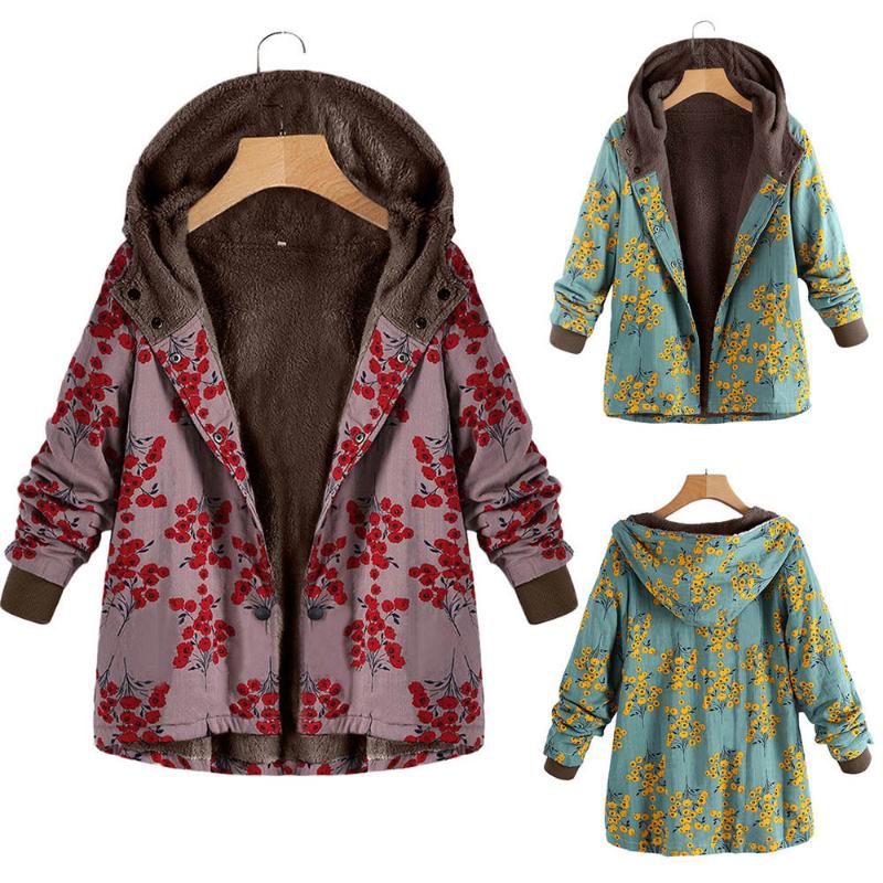 

Women Winter Coats Warm Printed Flowers Hooded Button Casual Coats Long Sleeves Large Size Coat Plush Long Sleeve Slim Hood Coat, Beige