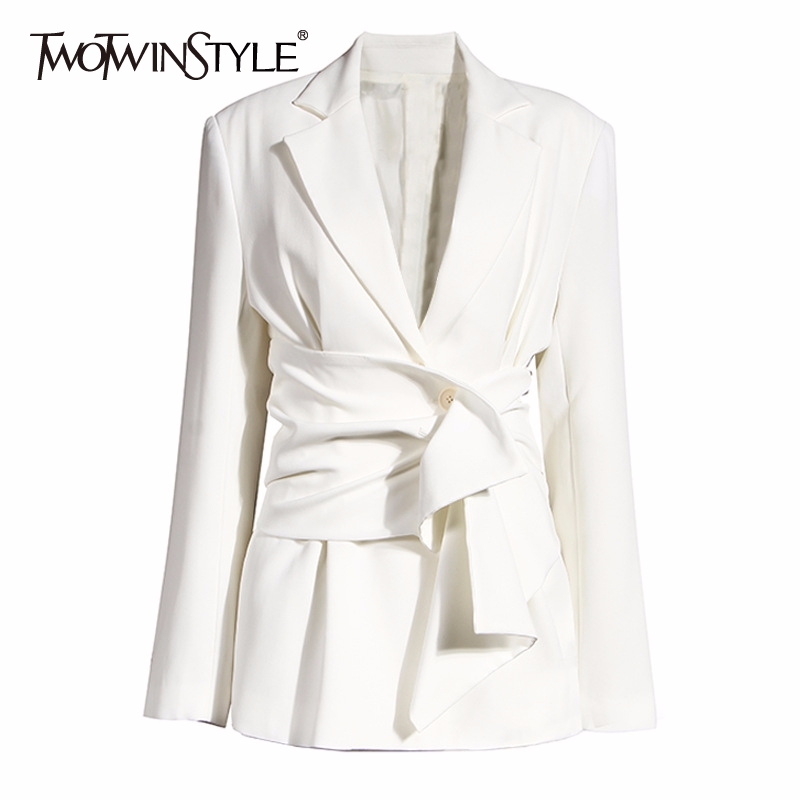 TWOTYLE Elegant Women's Blazer Notched Long Sleeve Ruched Lace Up Slim Blazers For Female Summer Fashion Clothing 201114Z