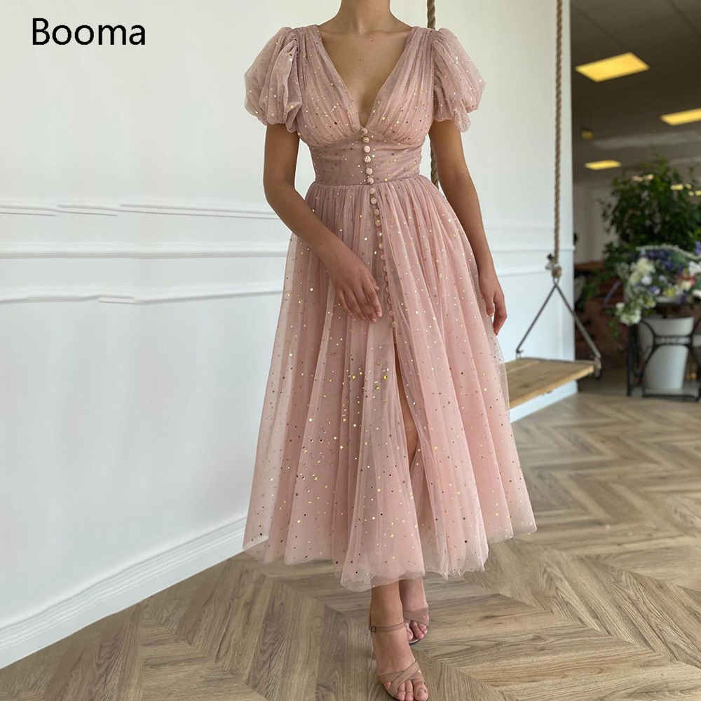 

Glitter Blush Short Prom Dresses V-Neck Puff Sleeves Pleated Tulle Evening Dresses Buttons Tea-Length A-Line Party Gowns, Black
