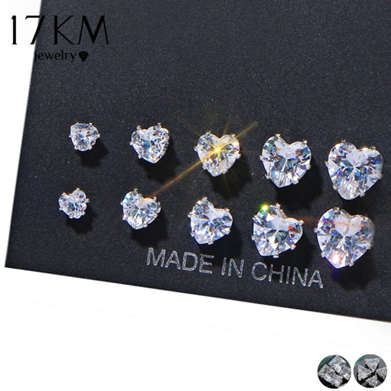 

17KM Geometric Cubic Zirconia Stud Earrings Set For Woman Fashion Round Heart Triangle Earring Statement Party Jewelry 2021 New