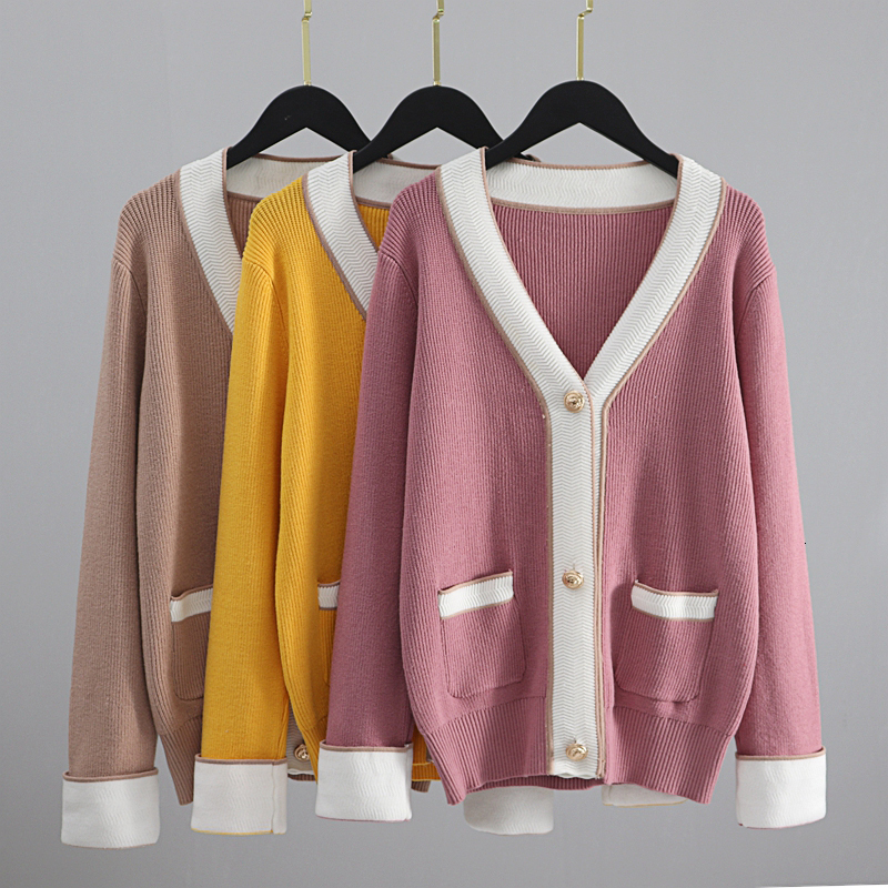 

2021 New Oversized Knit Women Sweater v Neck Loose Elegant Thicken Pull Femme Color Block Woman Cardigan with Pocket 1wnl, Coffee