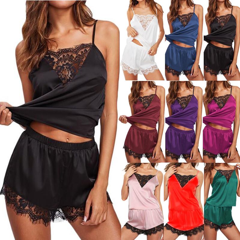 

Sexy Lingerie Sleepwear Women Satin Lace Casual Loose Sleeveless Nightgown two pieces Pajama Set Plus Size 3XL Nightwear, Black