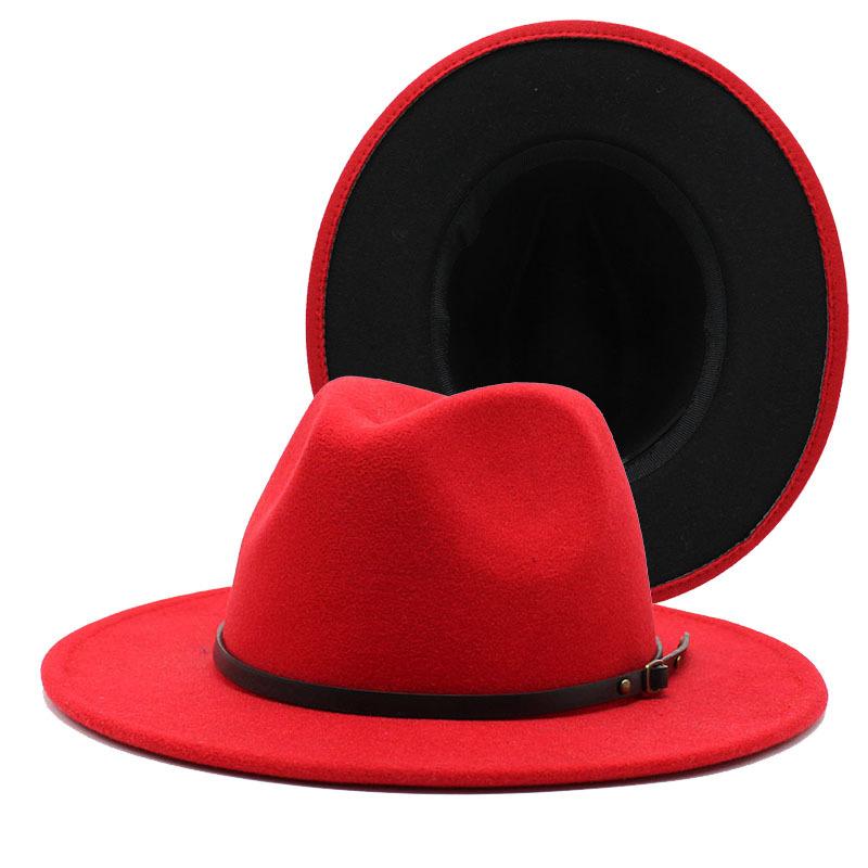 

Black Red Patchwork Wool Felt Jazz Fedora Hats Belt Buckle Decor Women Unisex Wide Brim Panama Party Trilby Cowboy Cap 56-61cm, 01