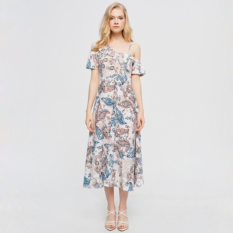 

Spring Summer Foral Girdle Printed Thin Midi High Waist Female Dress Yt9d, Beige