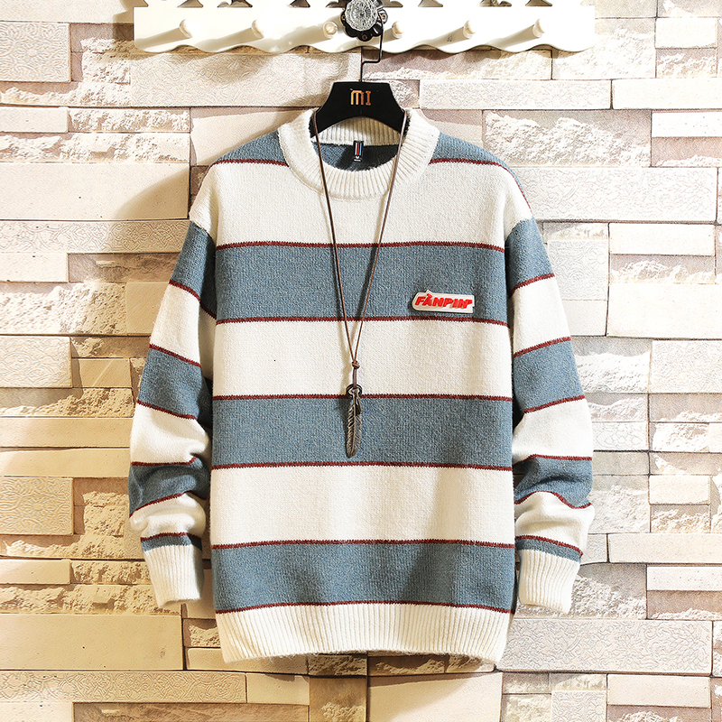 

2021 Autumn Winter New Fashion Color Block Pullover Men's Casual Knitted Sweater Men High Quality Street Trend Au1w, Blue