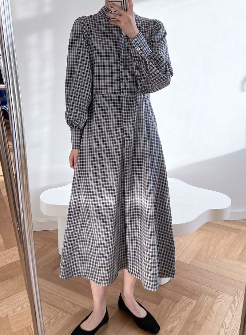 

New 2021 Summer Plaid Stand Collar Loose Style Vintage Maxi Elegant Women Clothes Vestidos L2en, Sky blue