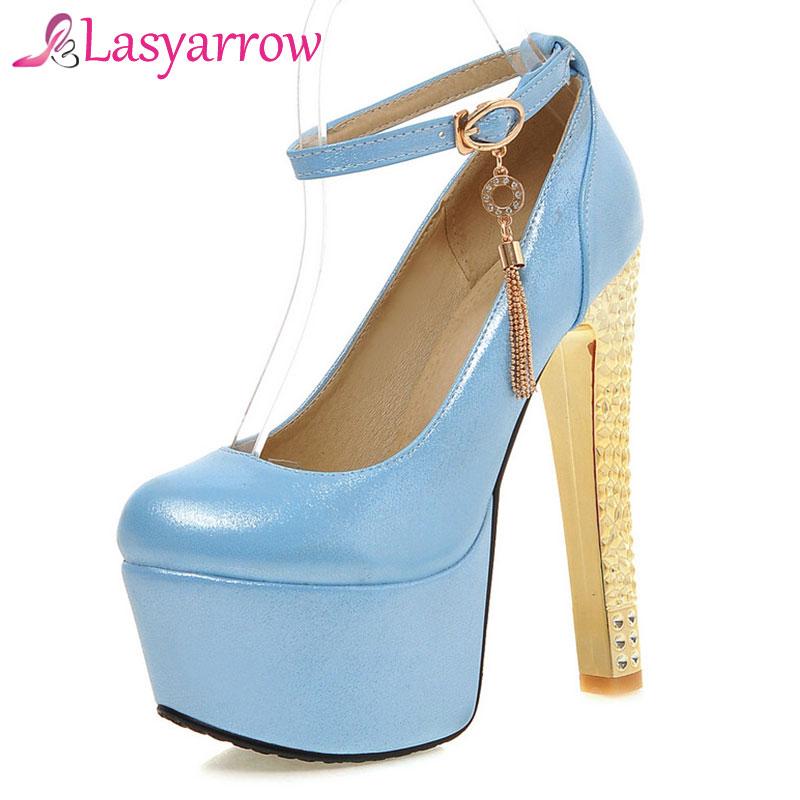 

Lasyarrow Ankle Strap Wedding Shoes Thick High Heels Shallow Round Toe Pumps Platform Shoes Woman Crystal Tassel Buckle RM481, Red
