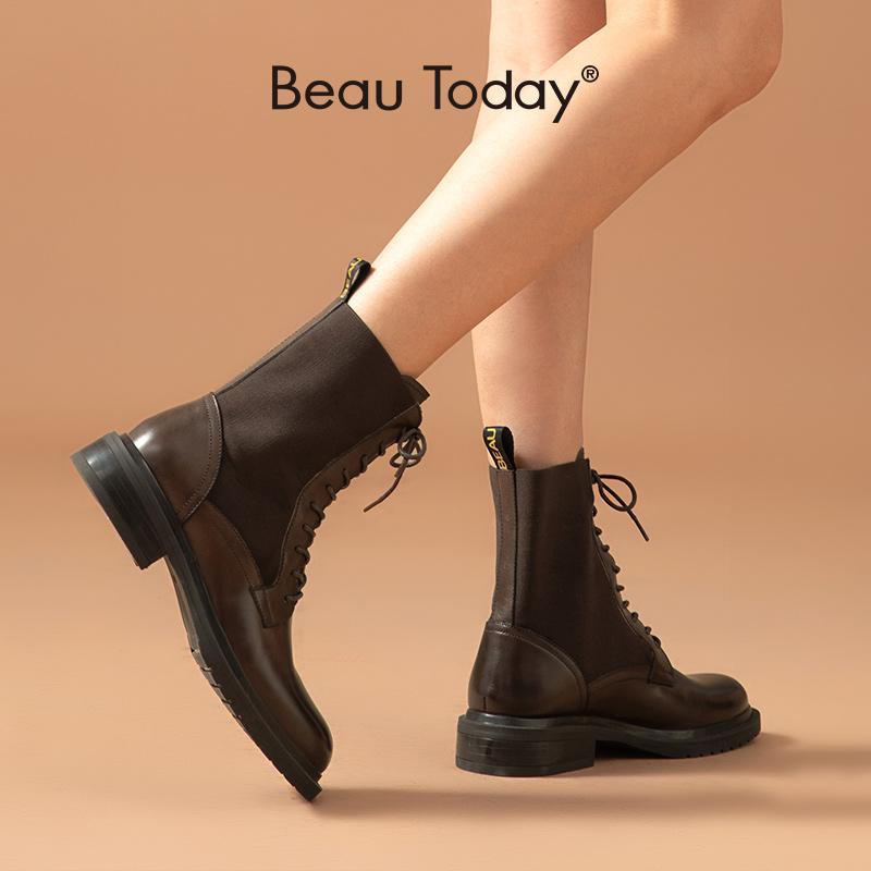 

BeauToday Ankle Boots Women Cow Leather Stretch Fabric Patchwork Round Toe Lace-Up Fashion Ladies Shoes Handmade 03880, Black