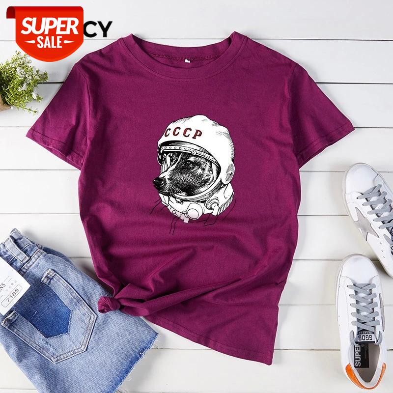 

JFUNCY Short Sleeve Casual T-Shirt Summer Women Tops Laika CCCP Space Dog Print Cotton Tees Plus Size Woman Shirts Female Tshirt #4N2e, White