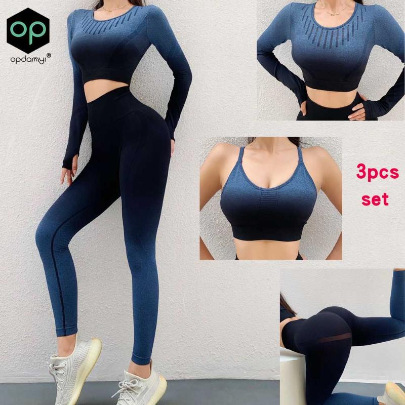 

Autumn/Winter New Gradient Seamless Hollow Long-Sleeved Top Sports Bra Women' Leggings Running Fitness 3Pcs Yoga Sportswear Set, Pink