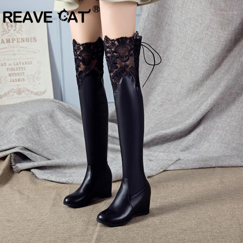 

REAVE CAT Over-knee Boots for Women Round Toe Stripe Wedge heel Slip-on Lace Decoration PU&Flock Big Size 12 43 White Black1, Black pu