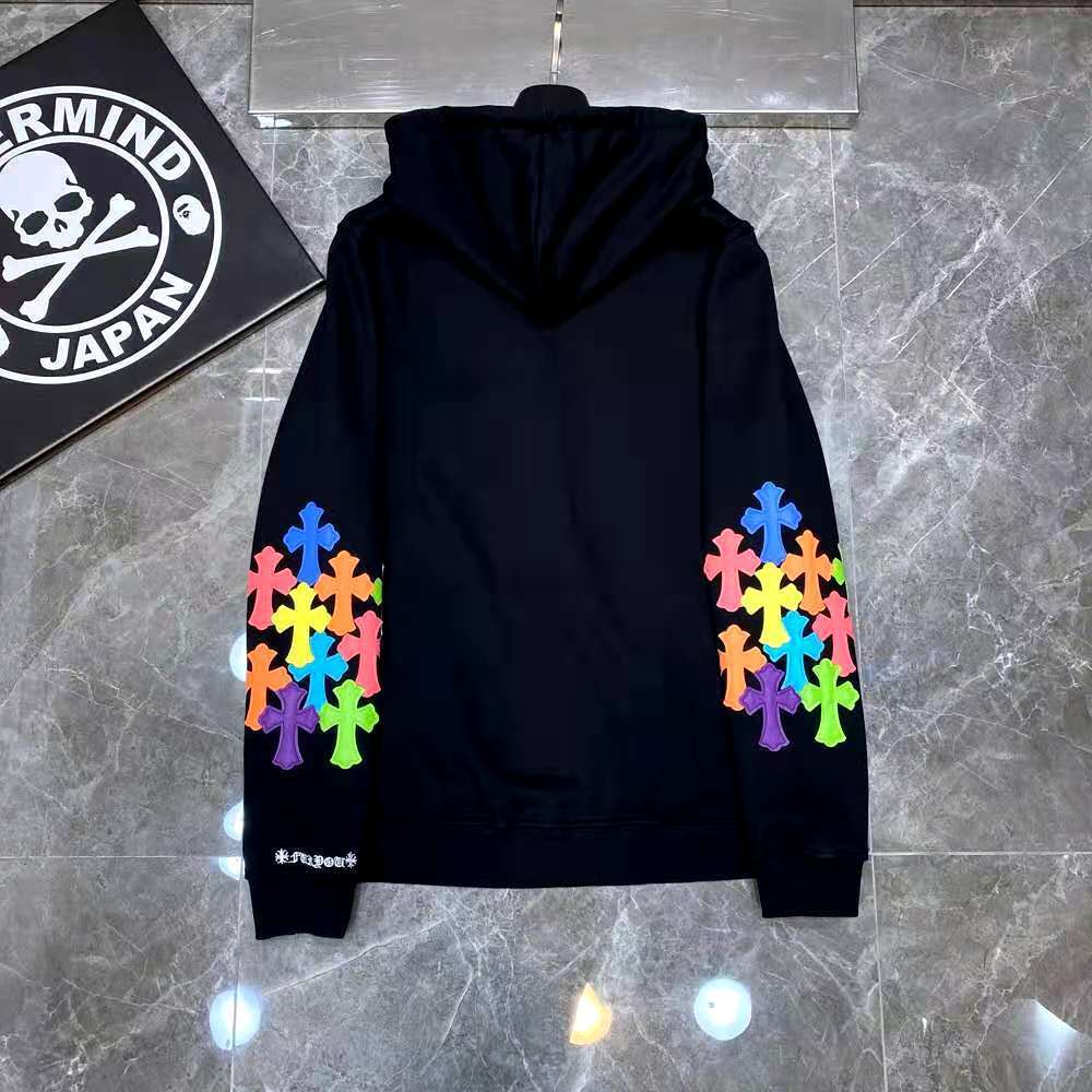 

autumn Crosin and winter heavy industry double arm embroidery cross color leather zipper hooded loo 462J, Black