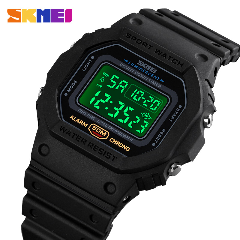 

Fashion Luxury Digital Watch SKMEI Brand Mens Wristwatch 2 Time Count Down Sport Watches Led Alarm Clock Men 50M Waterproof Man, Black white