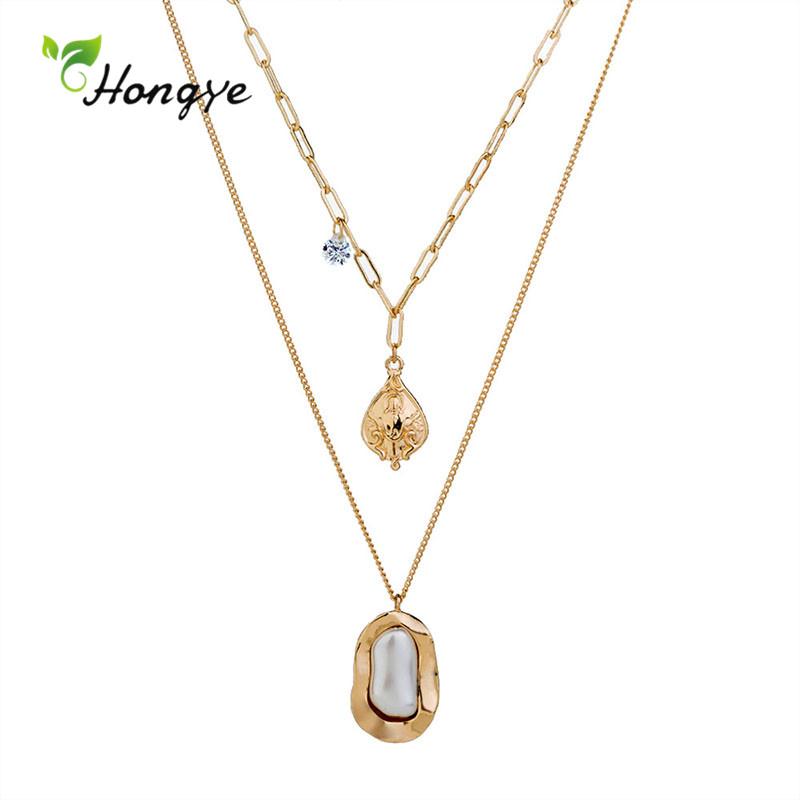

Hongye Retro Double Chain Natural Pearl Pendant Necklace For Women Party Carving Metal Collier Fashion Jewelry 2020 Pendientes