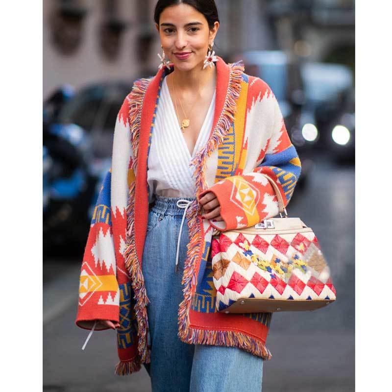 

Boho Inspired Cashmere jacquard cardigan for women fringed trims long sleeve cardigan sweater coat winter belted sweater women 201130, Blue