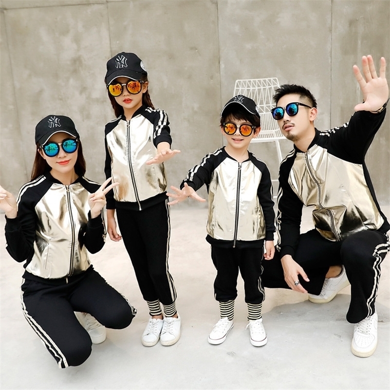 

Family matching outfits PU jacket + pants sporty style silver golden PU couples matching clothing family look christmas family 201104