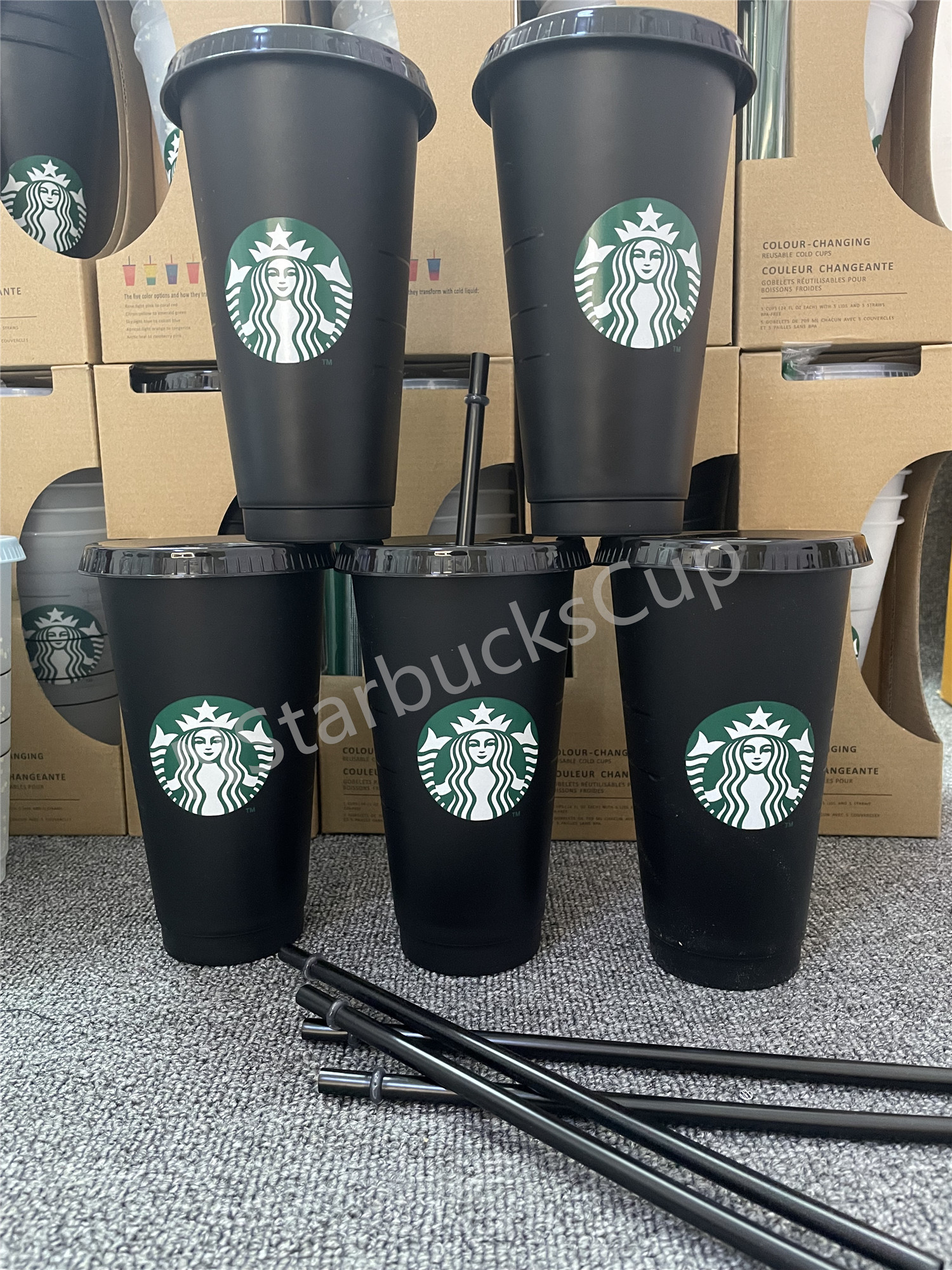 

Shipping Starbucks 24OZ/710ml Plastic Tumbler Reusable Clear Drinking Flat Bottom Cup Pillar Shape Lid Straw Mugs, Customize