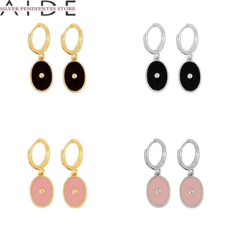 

AIDE 925 Sterling Silver Pink Oil Drop Round Pendant Earring INS All-match Hoops Earrings For Women Fashion Jewelry Bijoux Femme