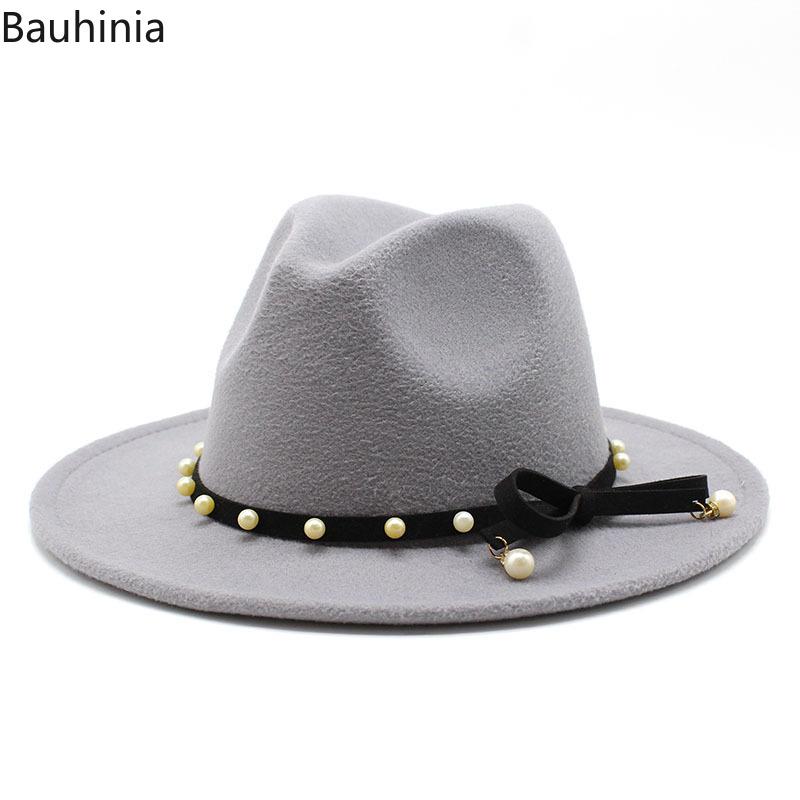 

Wide Brim Autumn Fashion pearl Top hat wool Jazz Cap Winter Fedora Hat For men Wool Fashion New Chapeau Femme pink Hats, 10