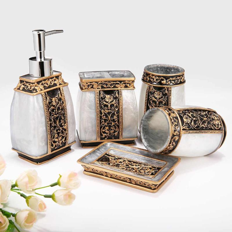 

Resin 5PCS Bathroom Accessories Set Lotion Dispenser Tumbler Toothbrush Cup Soap Dish Holder Pump Bottle Portable Bathroom Tools