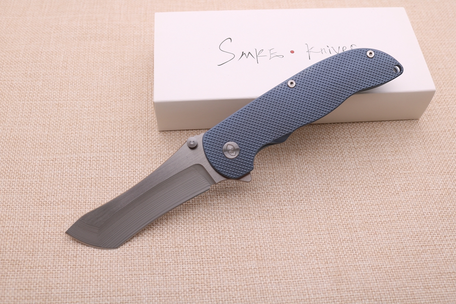 

Smke Knives Custom Norseman Flipper Folding Knife Satin S90V Blade Blue Anodized Titanium Handle Tactical Survival Camping Pocket Knife