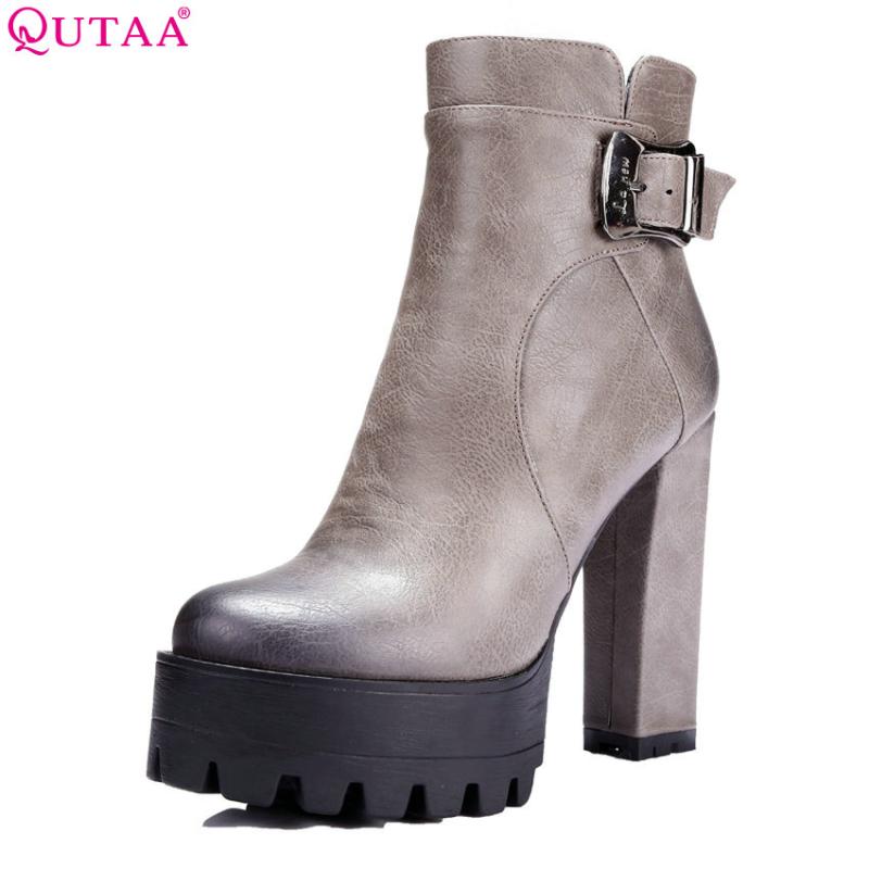 

QUTAA 2020 Women Ankle Boots Buckle Square High Heel Round Toe Spring Autumn Shoes Zipper Platform Sexy Ankle Boots Size 34-42, Black