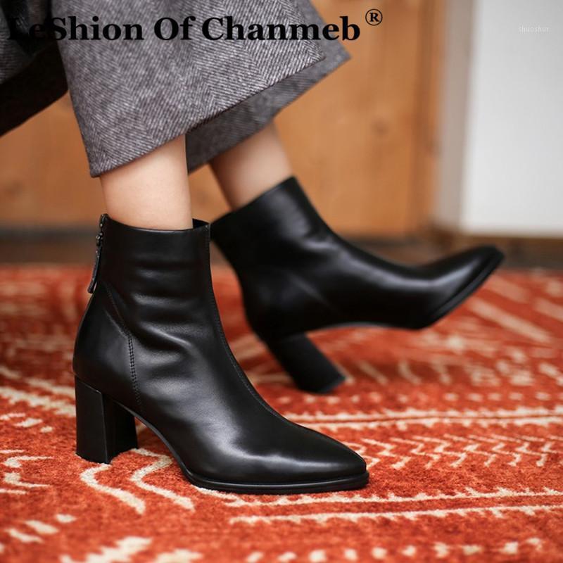 

LeShion Of Chanmeb High Quality Natural Genuine Leather Boots Women Fashion Block High Heels Suede Boot Basic Office Shoes 34-441, Cow leather boots