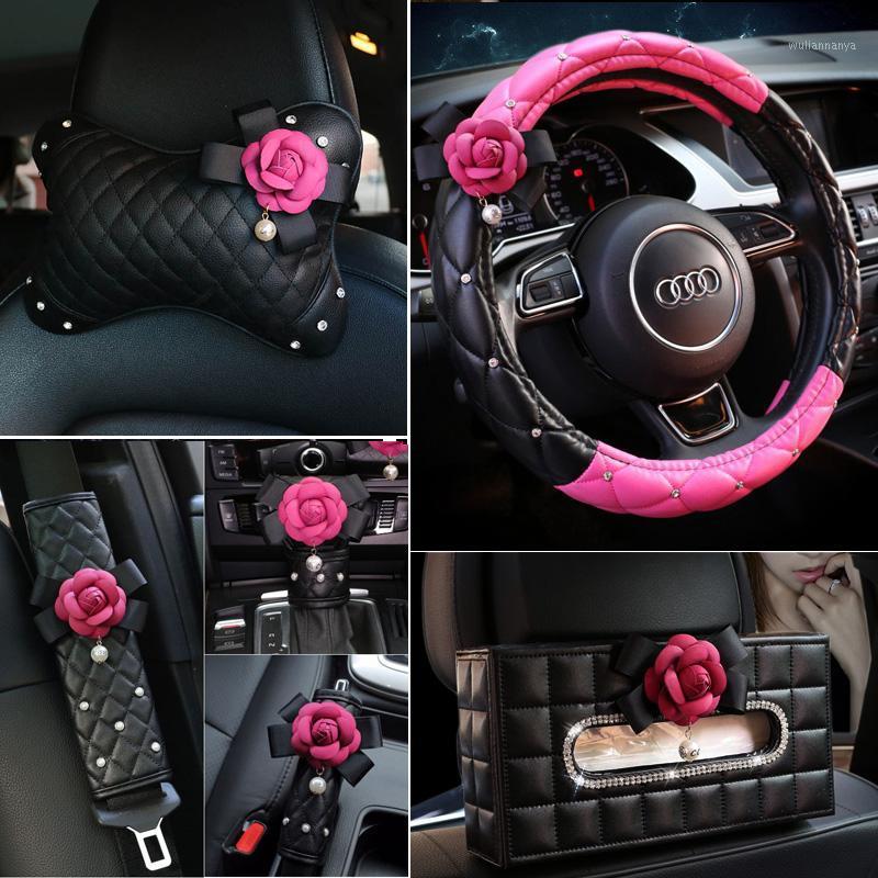 

Seat Cushions Car Styling Rose Camellia Flower Steering Wheel Cover Interior Accessories Hand Brake Shifter Belt Headrest