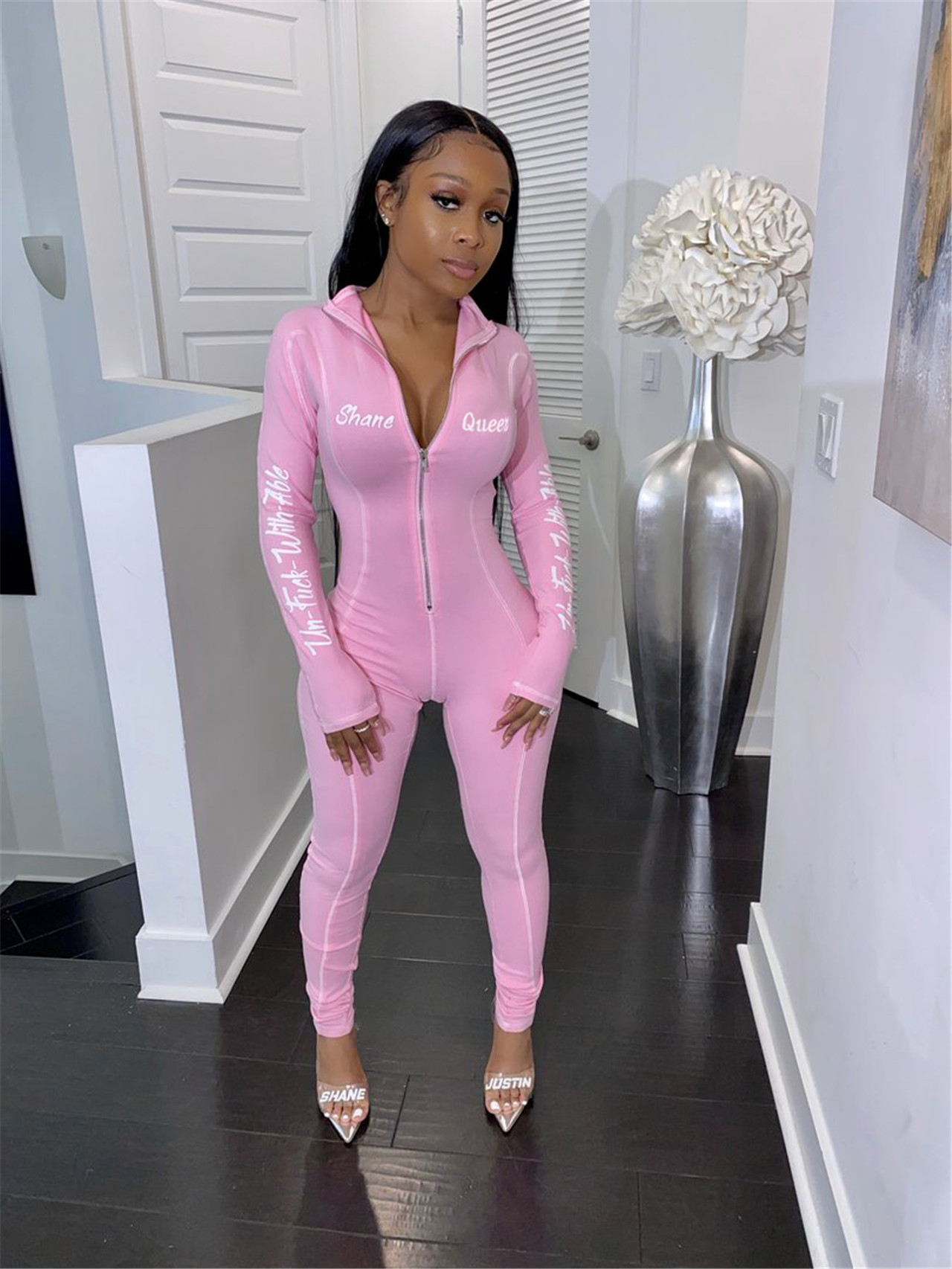 

Fashion Women Tracksuits Letter Pattern Print Womens Autumn Yoga Outfits Casual Zipper Clothing Slim High Quality Sets Jumpsuits, Black