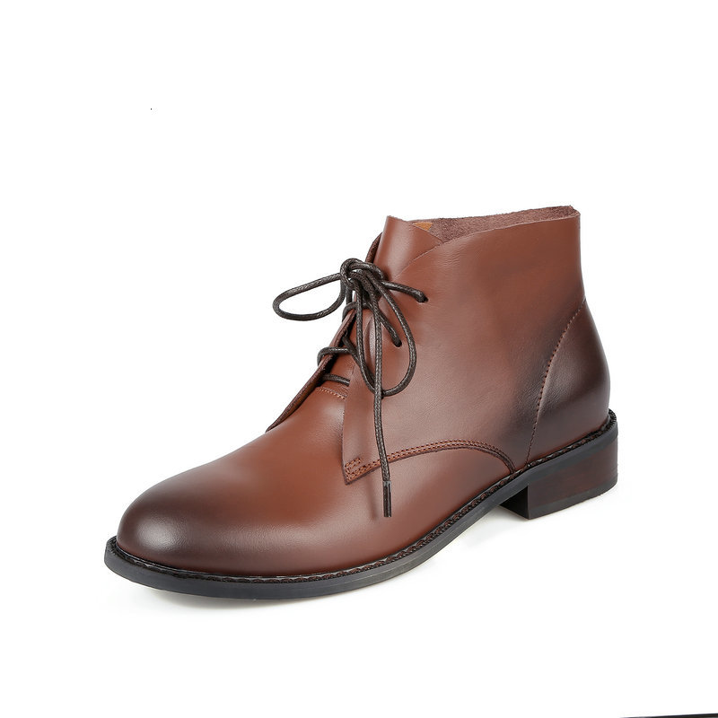 

2021 New Genuine Leather Women's Boots Lace Up Round Toe Low Heels Ladies Ankle Autumn Winter Party Casual Basic Shoes Woman Kury, Black