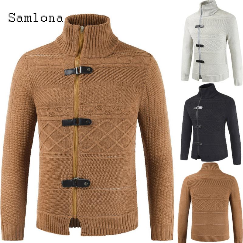 

2020 Men Autumn New Sweaters Buckle Male Clothing Winter Sweater Coats Mandarin Collar pull homme ropa Knitted Sweater Cardigans, Black