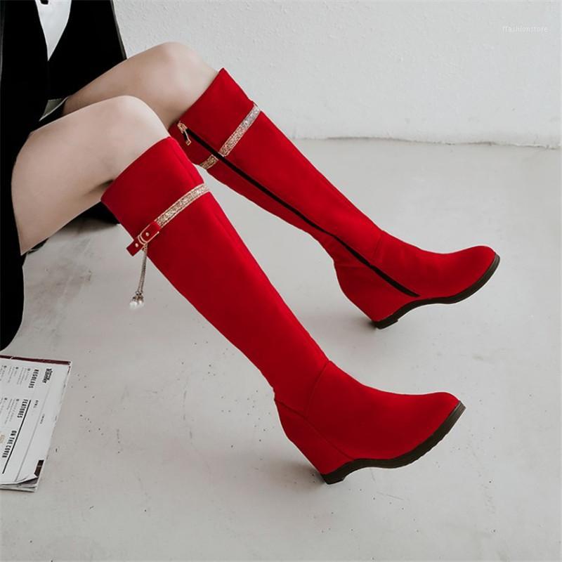 

PXELENA Chain Pearl Bling Wedding Boots Knee High Bridal Charming Hidden Heel Shoes Women Black Red Faux Suede Plus Size 34-431