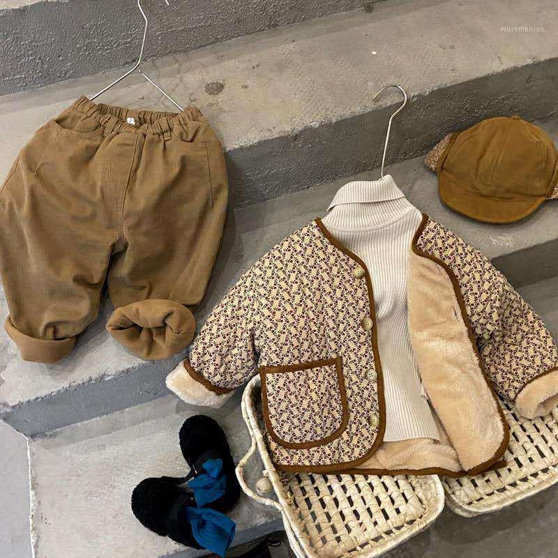 

Spring Winter Girl Boys Retro Coat Jackets Casual Warm Thicken Clothing Kids Cotton Long Sleeve Home Plus Cashmere High Quality1, Coffee