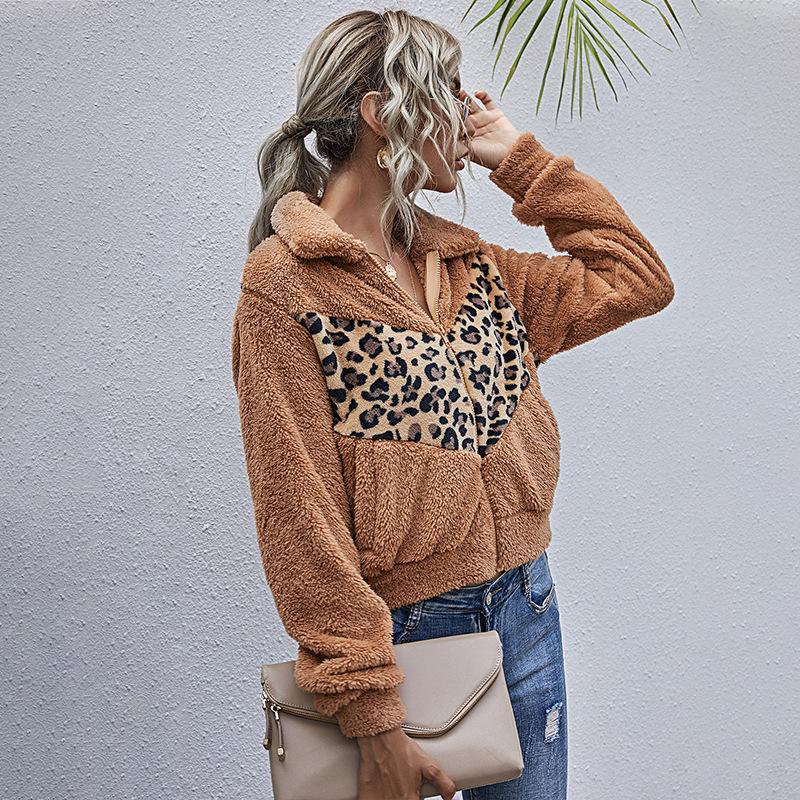 

Women' Short Coat Jacket 2021 Autumn Winter Stitching Long Sleeved Lapel Casual Leopard Print Velvet Overcoat Female, Khaki
