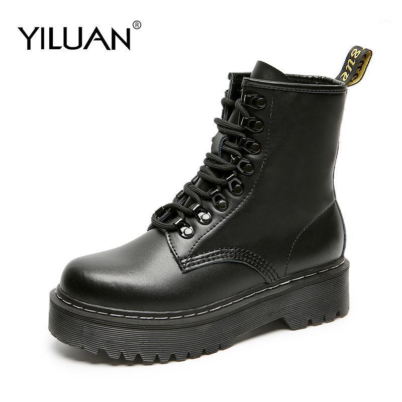 

2020 New Spring Autumn Ankle Boots Women Platform Boots Lace Up Black Leather Shoes Woman Comfortable Motorcycle Female1, Black fs1962-6