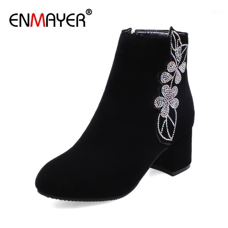 

ENMAYER Nubuck Round Toe Square Heel Ankle Boots for Women Flock Zip High Solid Flower Red Women Boots PU Winter Shoes Fashion1, Black