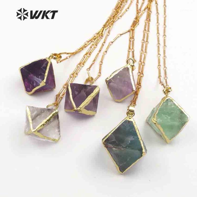 

WT-N1142 WKT Random Size Natural Rainbow Fluorite Stone In Dice Shape With Gold Trim Healing Crystal Bohe Necklace Best Gift1
