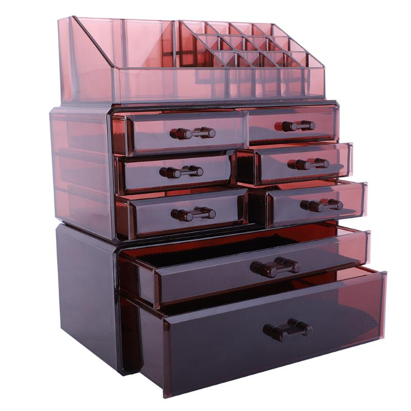 

US-W]3Pcs / Set Plastic Cosmetics Storage Rack 6 Small & 2 Large Drawers Clear Brown190812314, Clear brown