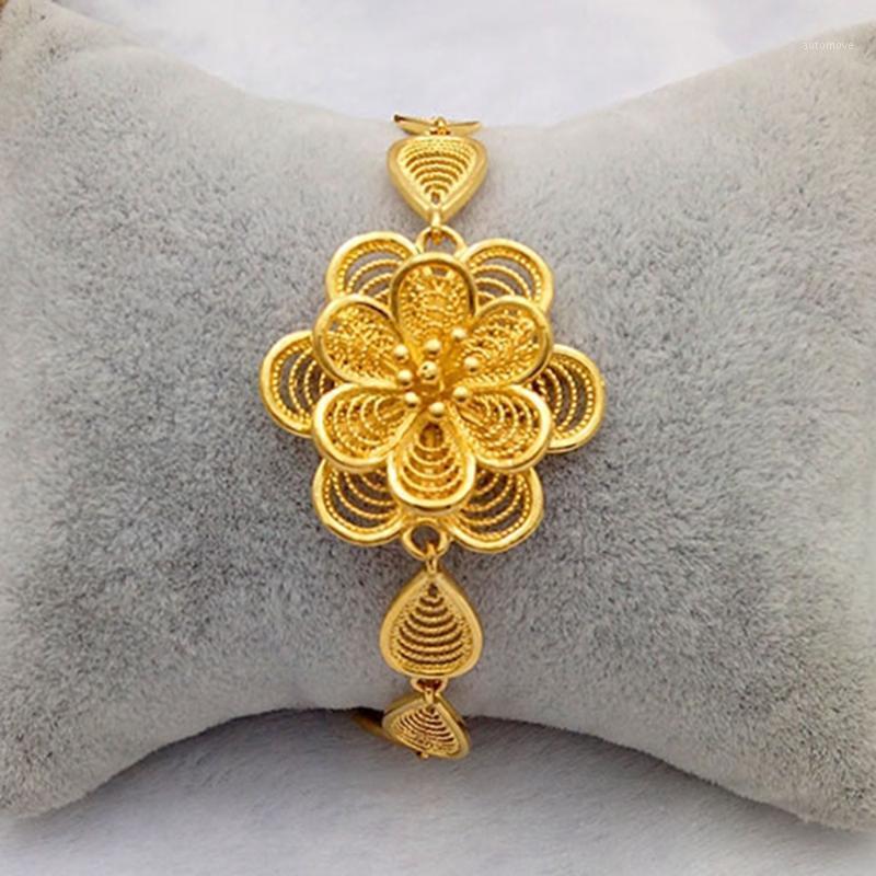 

Filigree Hollow Golden Flower Patterned Wrist Chain Bracelet Gold Filled Wedding Womens Solid Bracelet Perfect Gift 17cm Long1