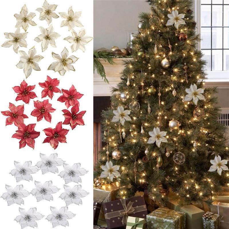 

13cm Big Flower Head Glitter Artificial Silk Flower Christmas Tree Ornament DIY Christmas Decoration New Year Decor Navidad 20201, F03 yellow