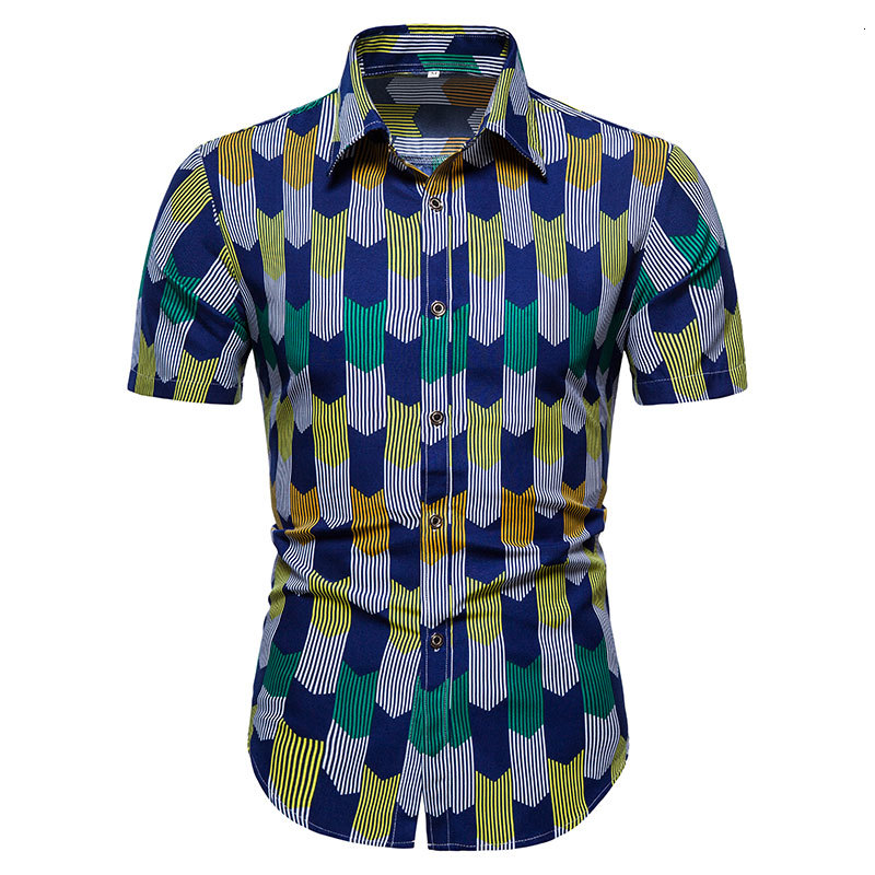 

2021 New Brand Hawaiian Men Printed Plaid Stitching Short-sleeved Casual Men's Button Streetwear Beach Vacation Shirt Tziv, 10lxh-dc-19hei